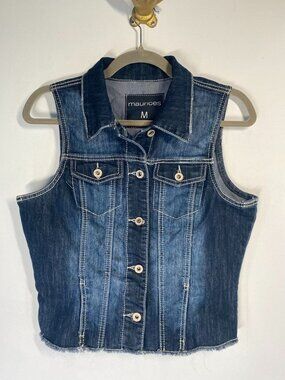 Maurices Womens Medium Sleeveless Dark Wash Denim Vest With Button Front & Fraye